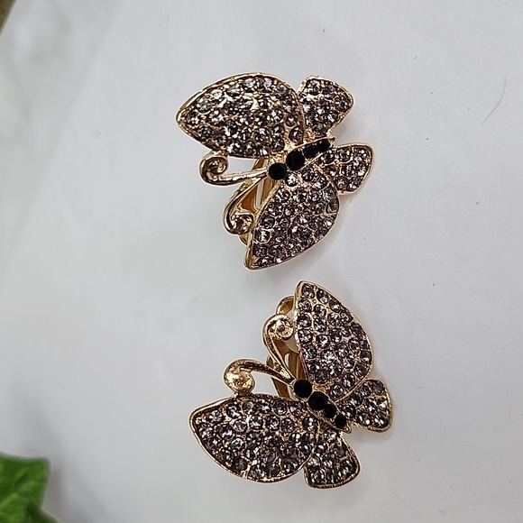 Clip On Gold with Crystal Rhinestones Butterfly Earrings - Picture 3 of 7